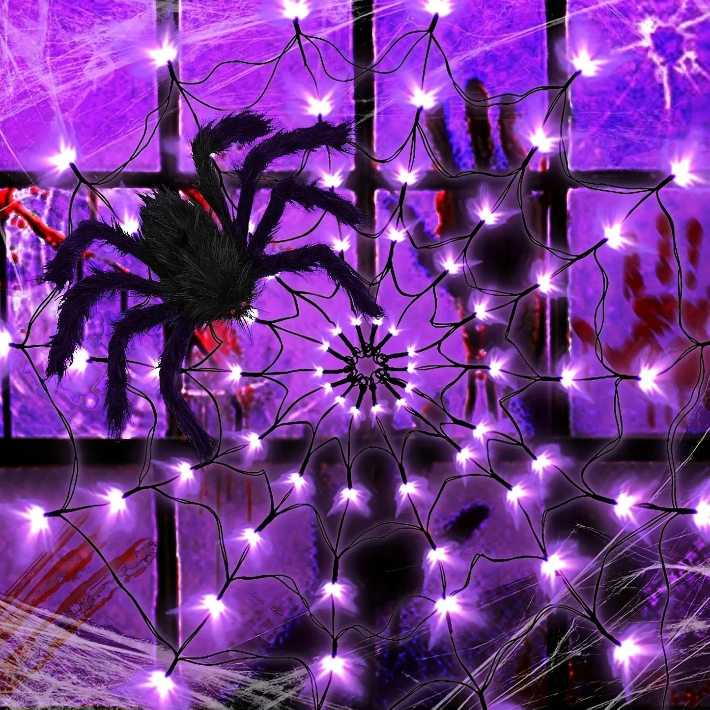 70LED Halloween Spider Web LED String Lights Battery Powered with 8 Lamp Mode for Haunted House Halloween Home Window Wall Decor