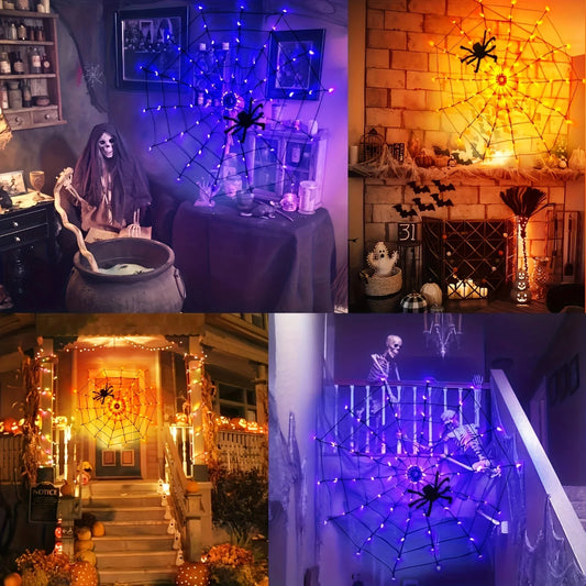 70LED Halloween Spider Web LED String Lights Battery Powered with 8 Lamp Mode for Haunted House Halloween Home Window Wall Decor
