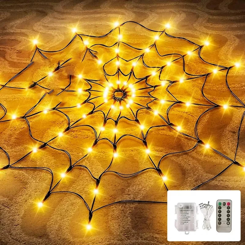 70LED Halloween Spider Web LED String Lights Battery Powered with 8 Lamp Mode for Haunted House Halloween Home Window Wall Decor