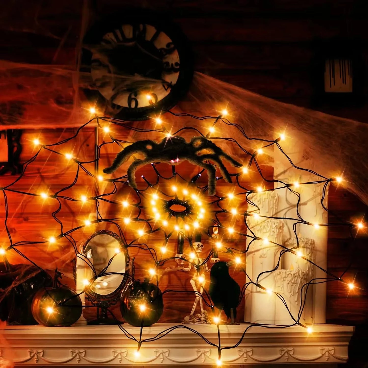 70LED Halloween Spider Web LED String Lights Battery Powered with 8 Lamp Mode for Haunted House Halloween Home Window Wall Decor